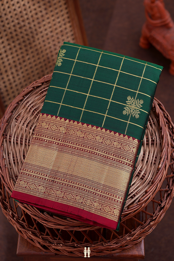 Kanchipuram Silk Saree In Forest Green With Checks Design