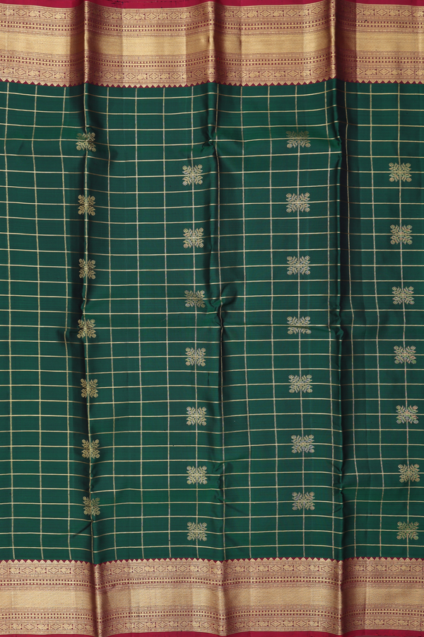 Kanchipuram Silk Saree In Forest Green With Checks Design