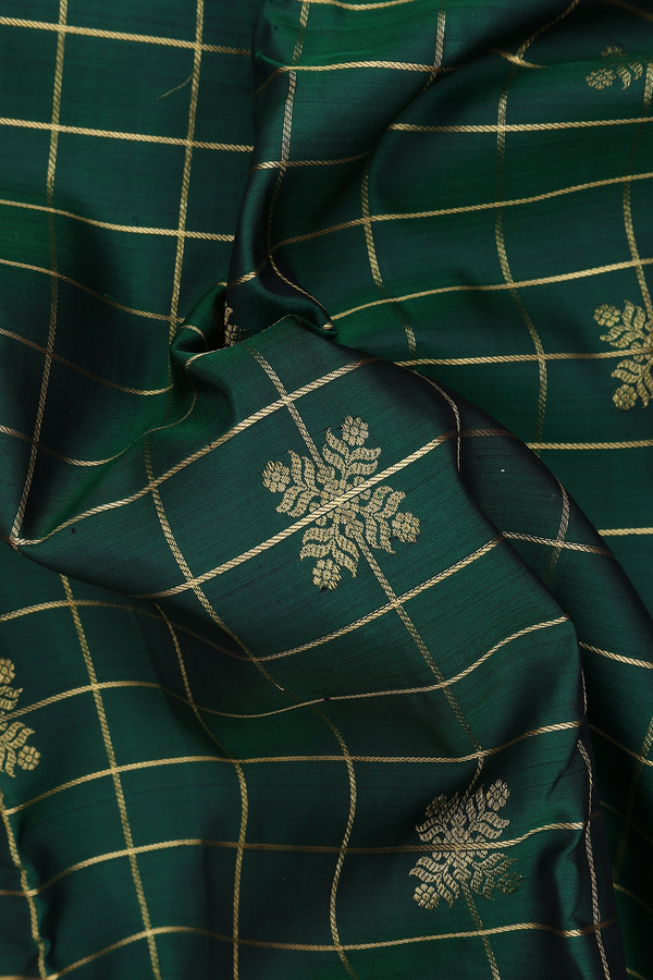 Kanchipuram Silk Saree In Forest Green With Checks Design