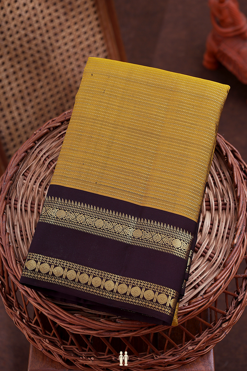 Kanchipuram Silk Saree In Golden Yellow With Stripes Design