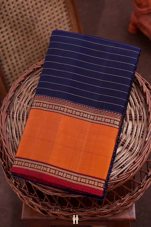 Kanchipuram Silk Saree In Navy Blue With Stripes Design