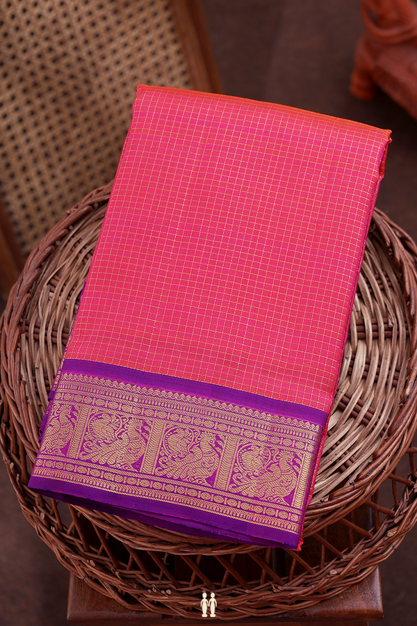 Kanchipuram Silk Saree In Pink With Checks Design