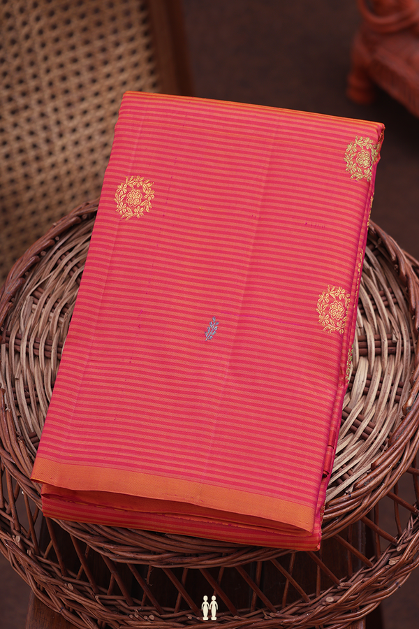 Kanchipuram Silk Saree In Pink And Orange With Stripes Design