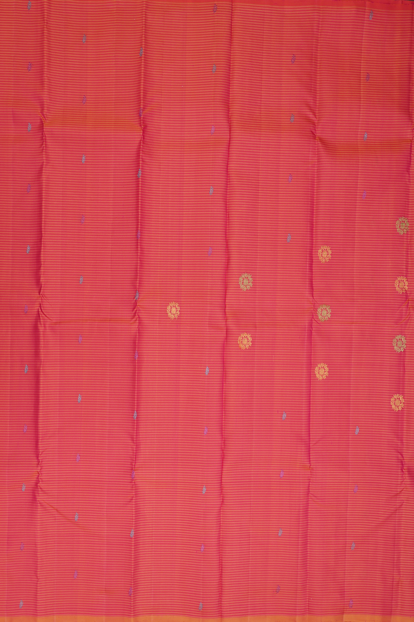 Kanchipuram Silk Saree In Pink And Orange With Stripes Design