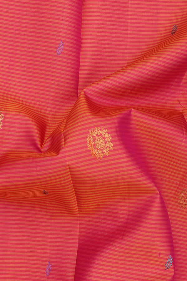 Kanchipuram Silk Saree In Pink And Orange With Stripes Design