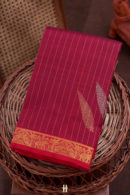 Kanchipuram Silk Saree In Burgundy Red With Stripes Design