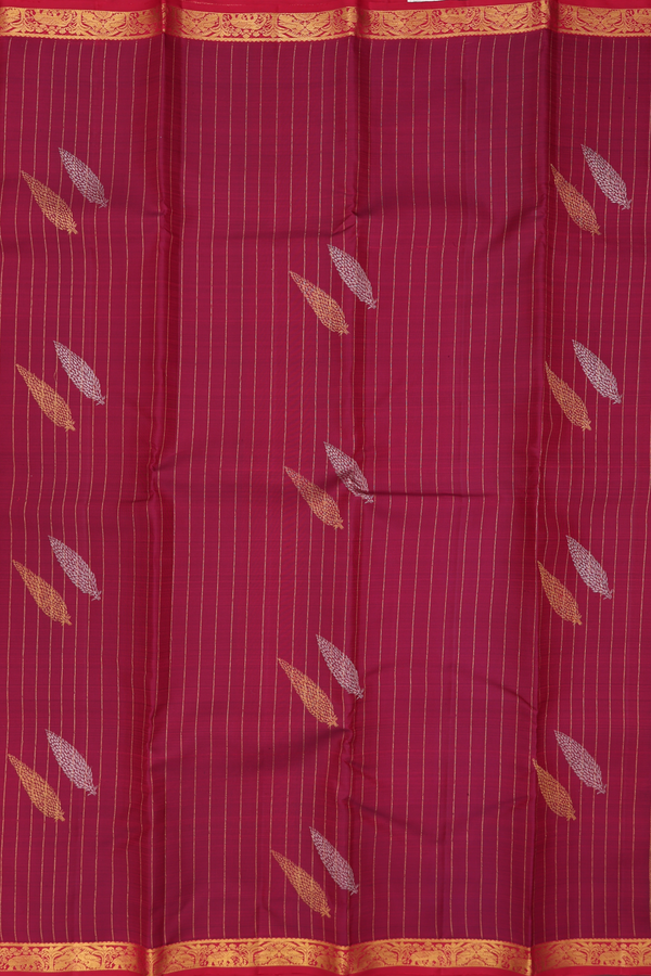 Kanchipuram Silk Saree In Burgundy Red With Stripes Design