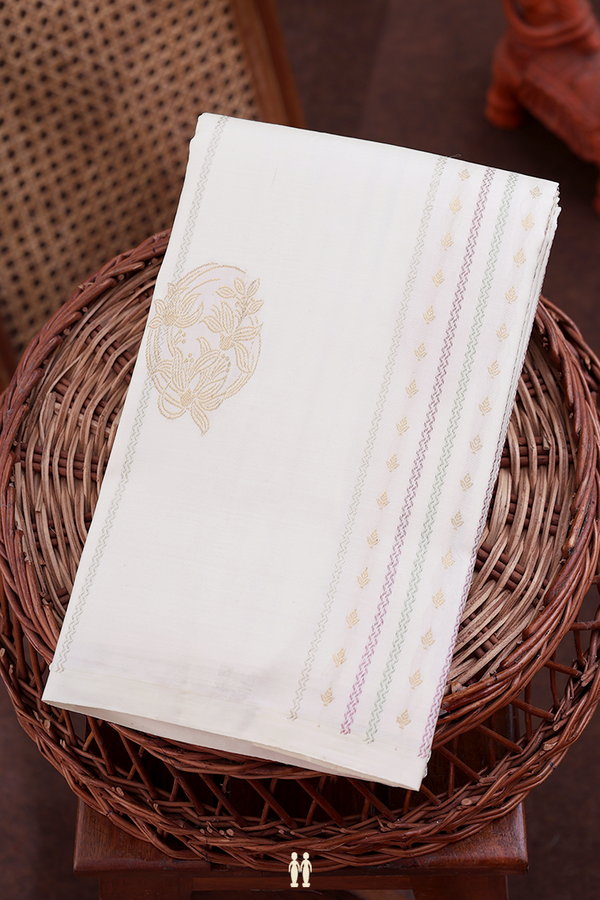 Kanchipuram Silk Saree In White Along Stripes With Buttas