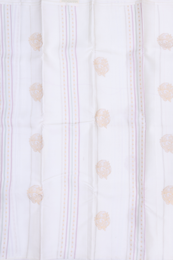 Kanchipuram Silk Saree In White Along Stripes With Buttas