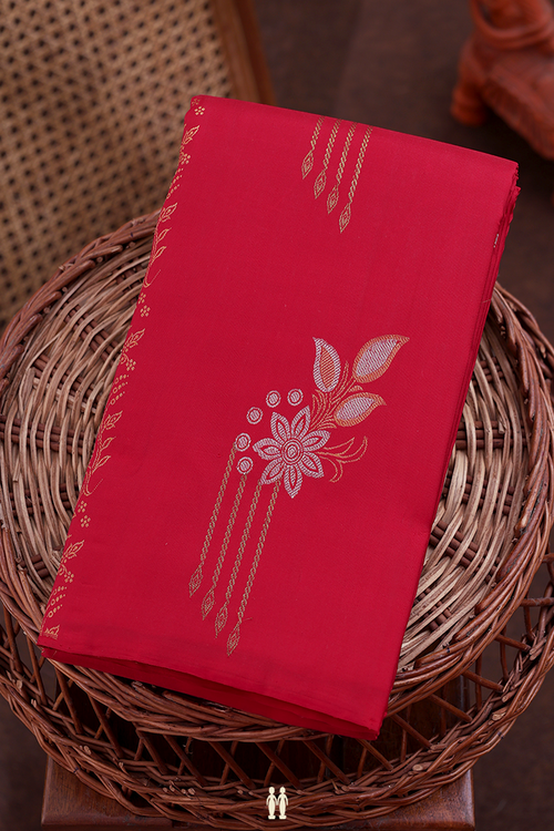 Kanchipuram Silk Saree In Crimson Red With Floral Design