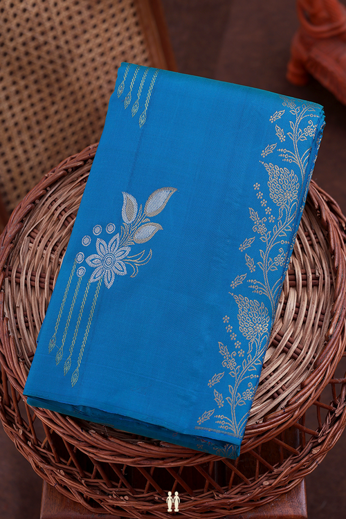 Kanchipuram Silk Saree In Blue With Floral Design