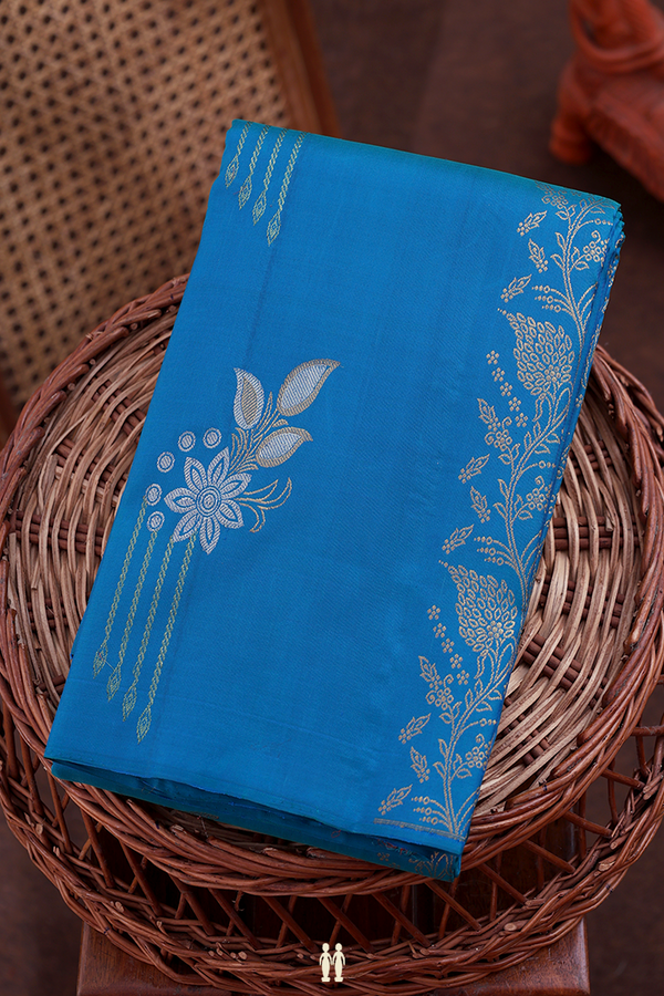 Kanchipuram Silk Saree In Blue With Floral Design