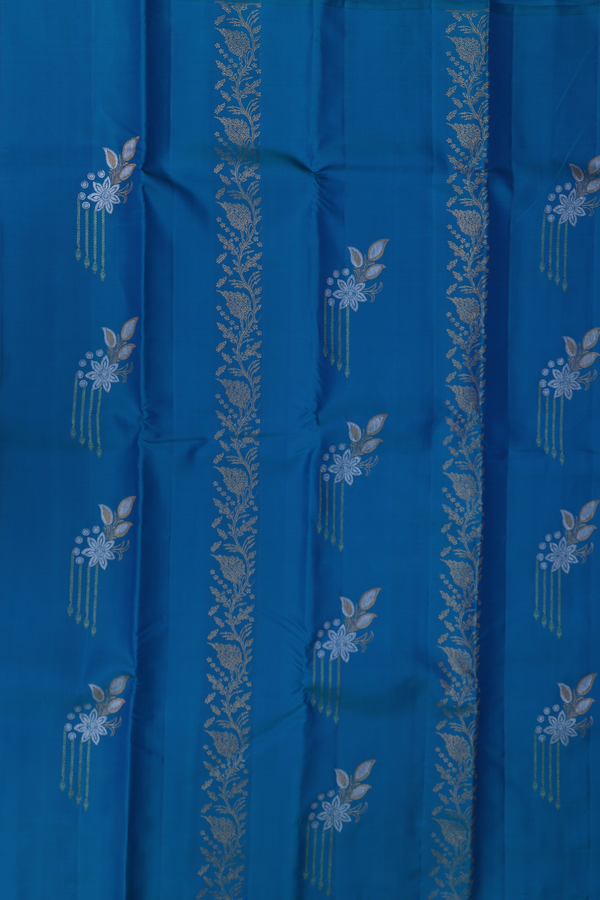 Kanchipuram Silk Saree In Blue With Floral Design