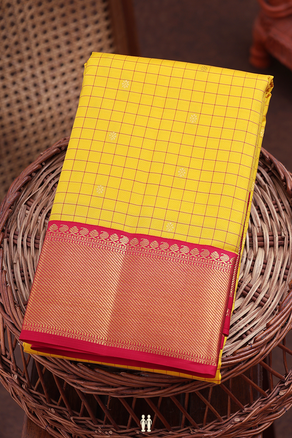 Kanchipuram Silk Saree In Bright Yellow With Checks Design