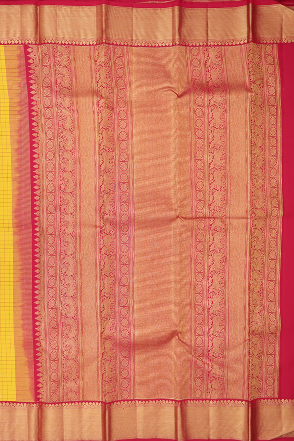 Kanchipuram Silk Saree In Bright Yellow With Checks Design