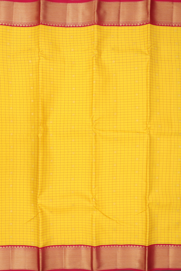 Kanchipuram Silk Saree In Bright Yellow With Checks Design