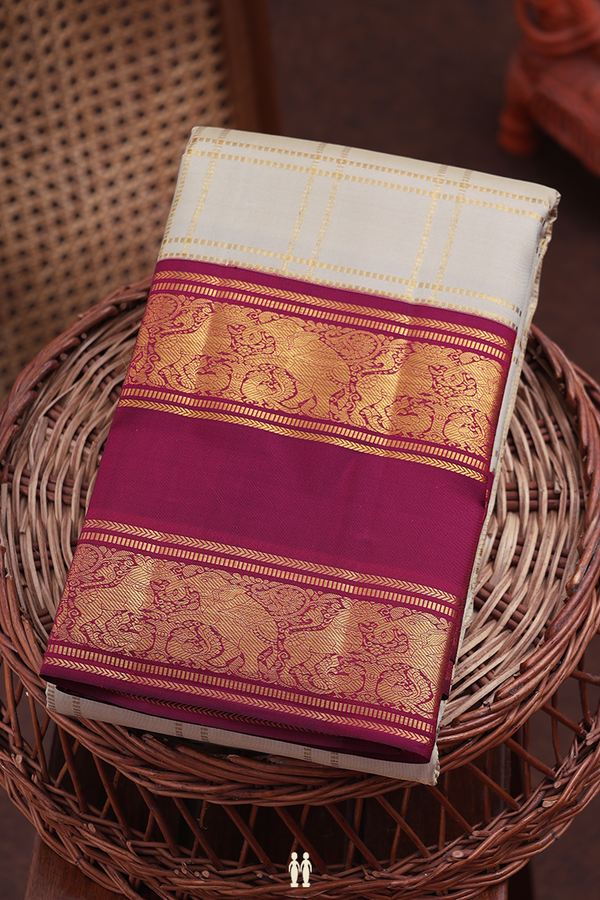 Kanchipuram Silk Saree In Cream Color With Checks Design