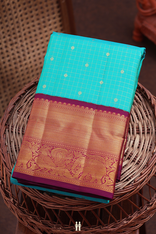 Kanchipuram Silk Saree In Aqua Green With Checks Design