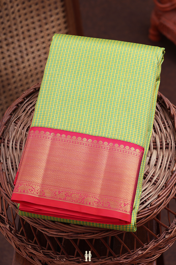 Kanchipuram Silk Saree Green And Yellow With Checks Design