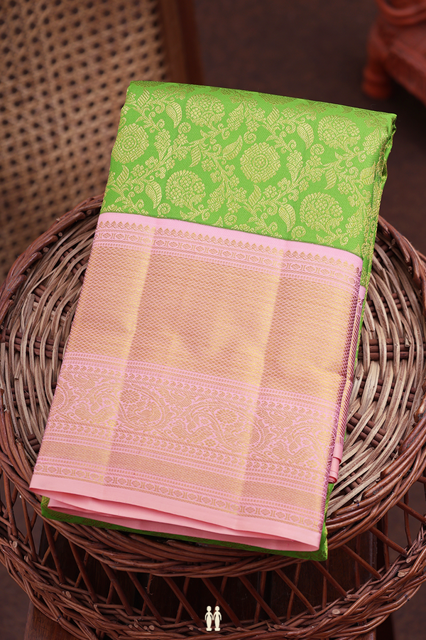 Kanchipuram Silk Saree In Green With Floral Design