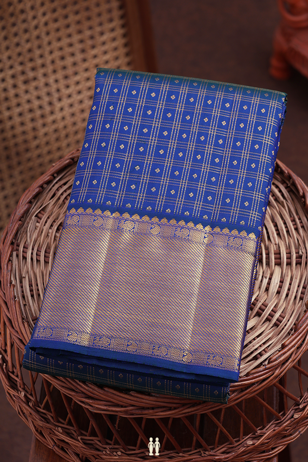 Kanchipuram Silk Saree In Cobalt Blue With Checks Design
