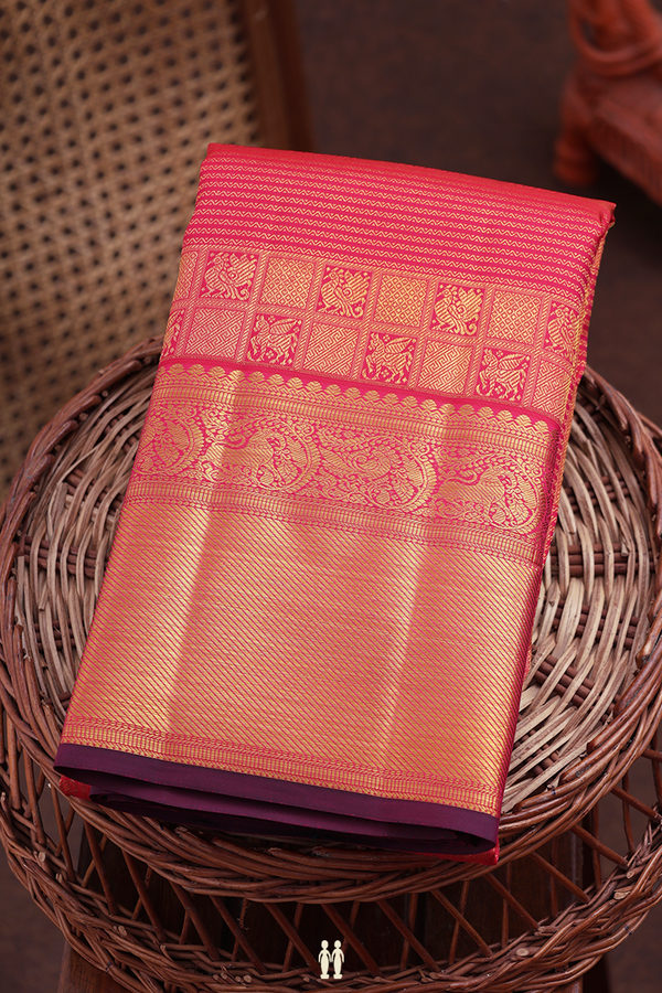 Kanchipuram Silk Saree In Reddish Pink With Brocade Design