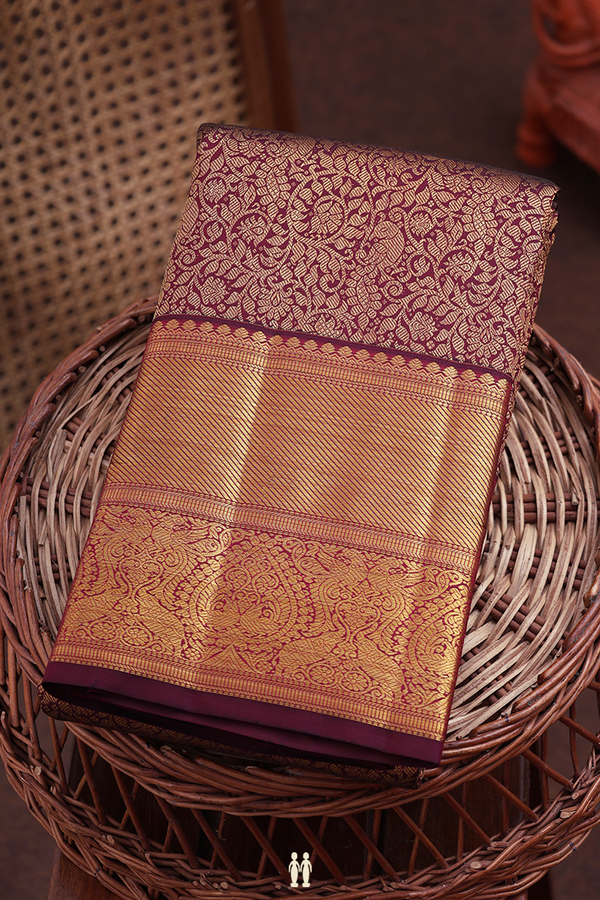Kanchipuram Silk Saree In Dark Burgundy With Brocade Design