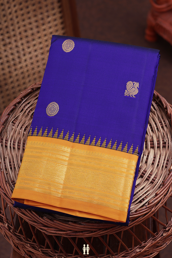 Kanchipuram Silk Saree In Royal Blue With Peacock Buttas