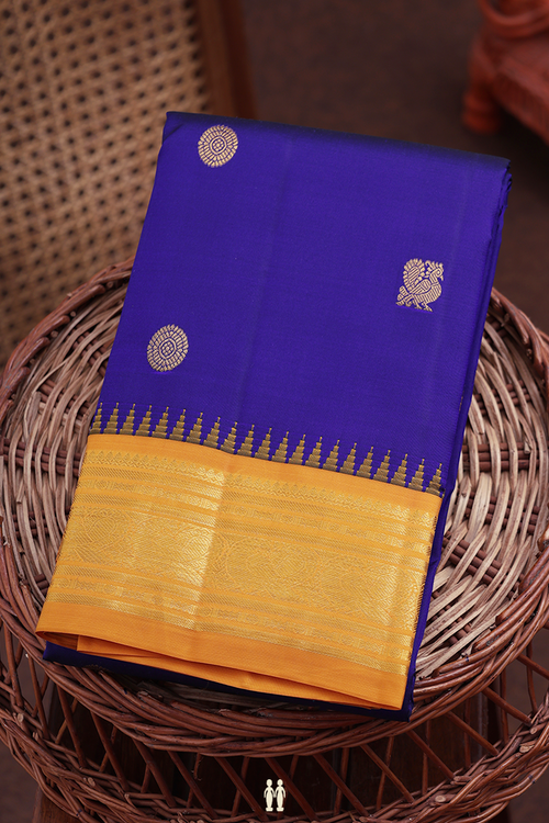Kanchipuram Silk Saree In Royal Blue With Peacock Buttas