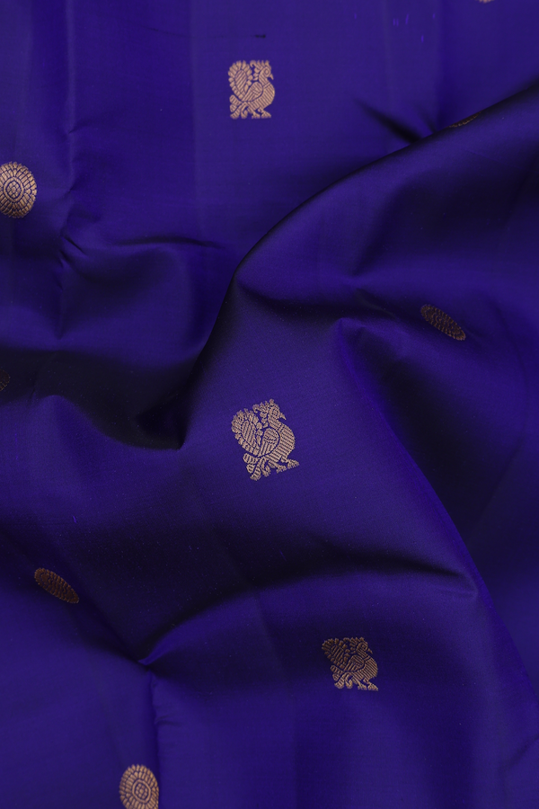 Kanchipuram Silk Saree In Royal Blue With Peacock Buttas