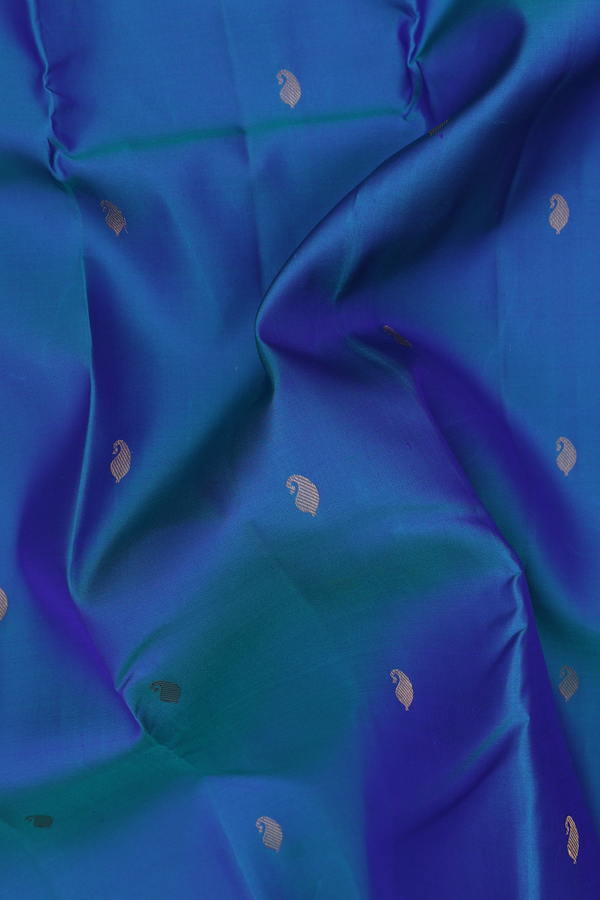 Kanchipuram Silk Saree In Peacock Blue With Paisley Buttas