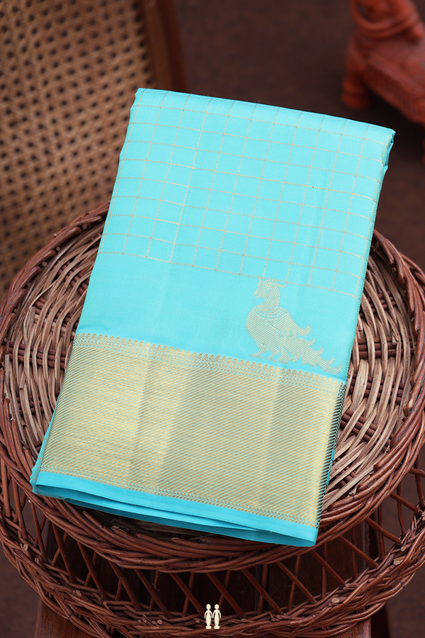 Kanchipuram Silk Saree In Tiffany Blue With Checks Design