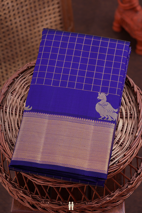 Kanchipuram Silk Saree In Royal Blue With Checks Design