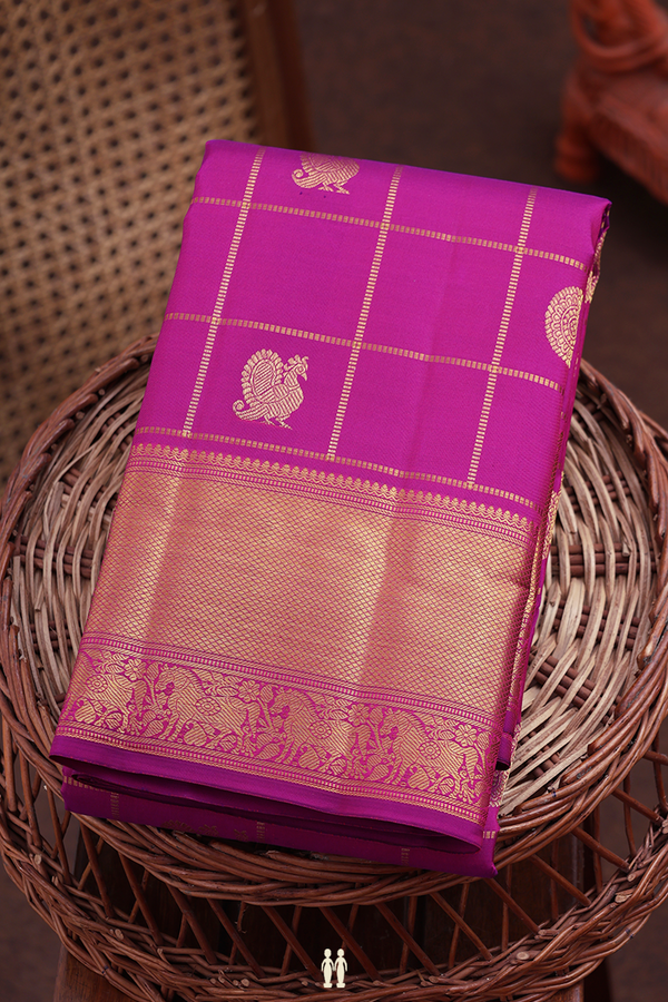 Kanchipuram Silk Saree Purple Rose Along Checks With Buttas