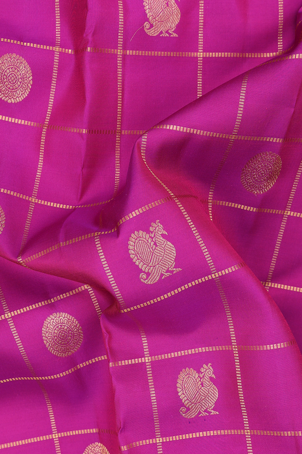 Kanchipuram Silk Saree Purple Rose Along Checks With Buttas