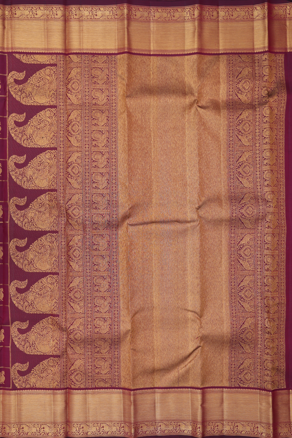 Kanchipuram Silk Saree In Maroon Along Checks With Buttas