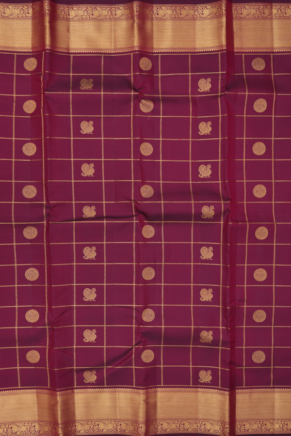 Kanchipuram Silk Saree In Maroon Along Checks With Buttas