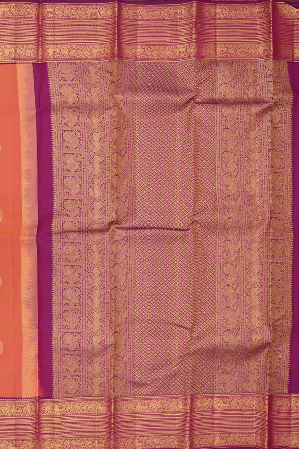 Kanchipuram Silk Saree In Coral Orange With Paisley Buttas
