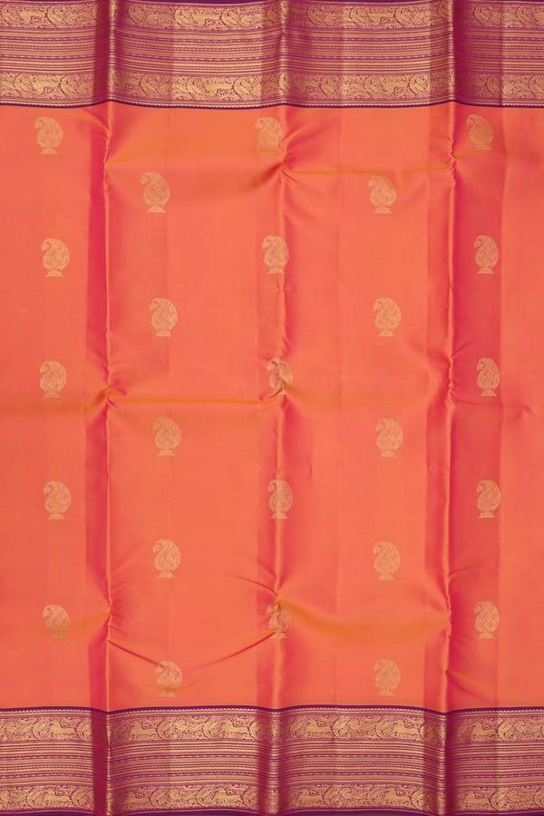 Kanchipuram Silk Saree In Coral Orange With Paisley Buttas