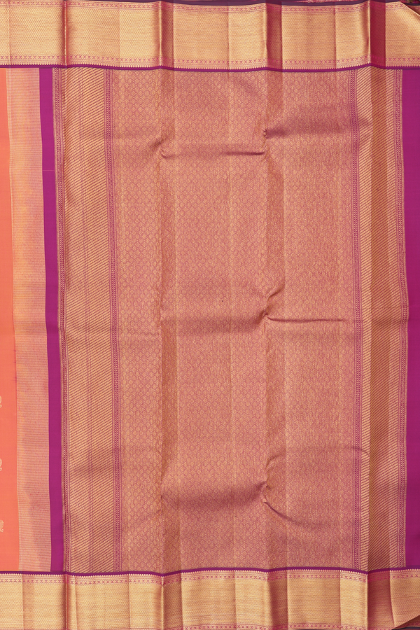 Kanchipuram Silk Saree In Coral Orange With Peacock Buttas