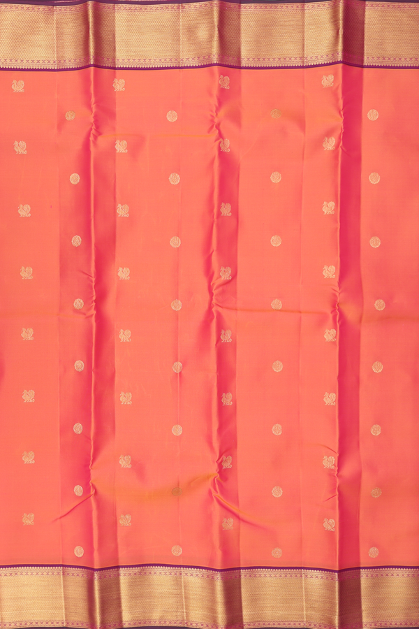 Kanchipuram Silk Saree In Coral Orange With Peacock Buttas