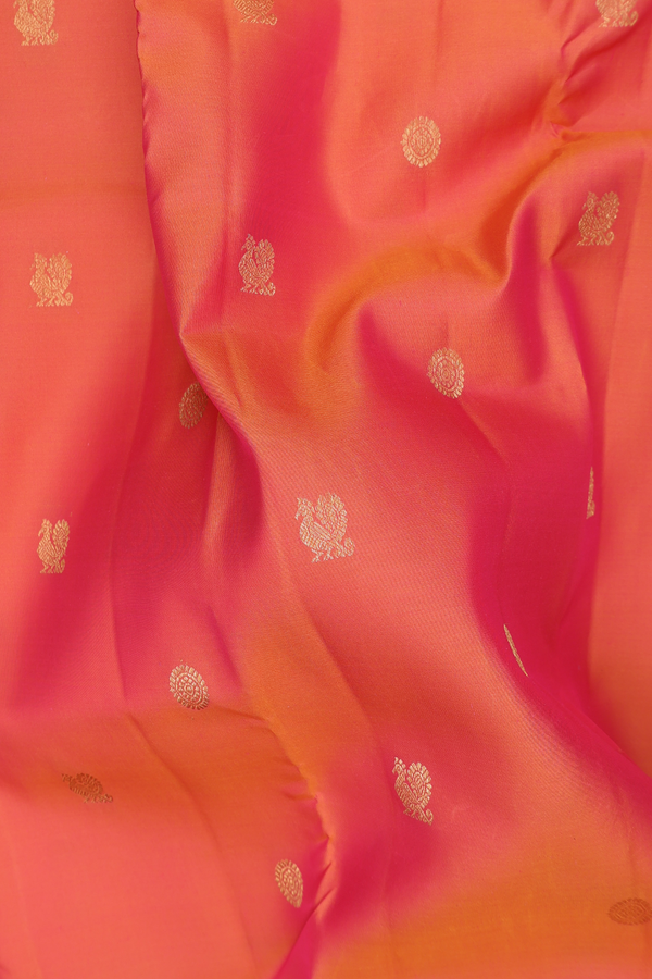 Kanchipuram Silk Saree In Coral Orange With Peacock Buttas