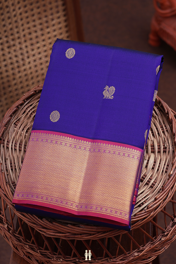 Kanchipuram Silk Saree In Royal Blue With Peacock Buttas