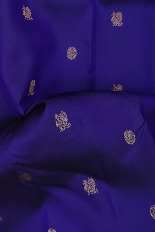 Kanchipuram Silk Saree In Royal Blue With Peacock Buttas
