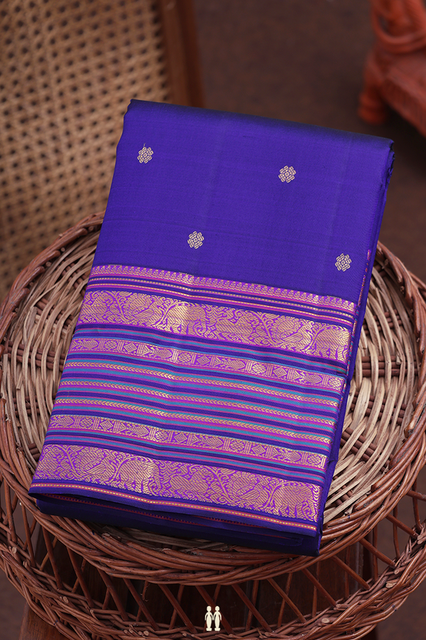Kanchipuram Silk Saree In Royal Blue With Floral Buttas