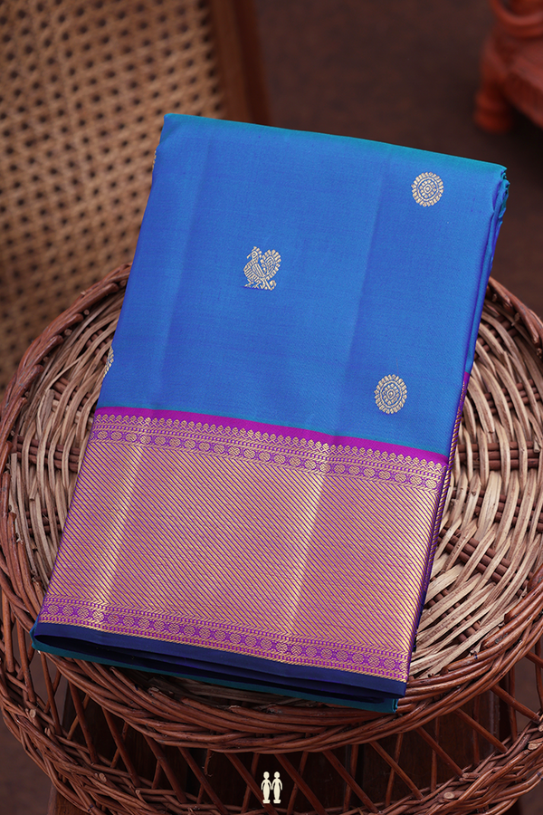 Kanchipuram Silk Saree In Capri Blue With Peacock Buttas