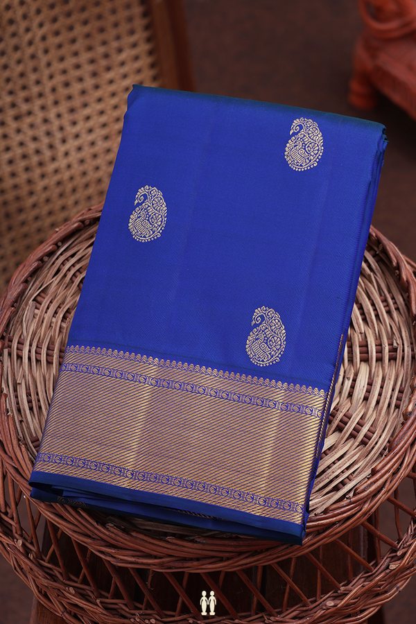 Kanchipuram Silk Saree In Royal Blue With Paisley Buttas