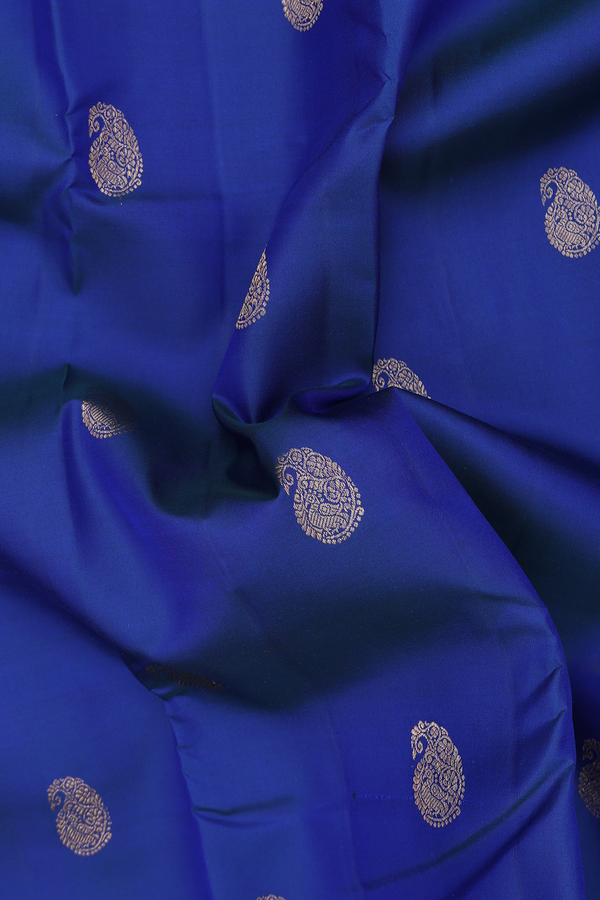 Kanchipuram Silk Saree In Royal Blue With Paisley Buttas