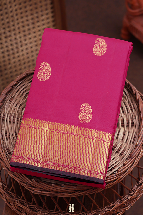 Kanchipuram Silk Saree In Dark Pink With Paisley Buttas