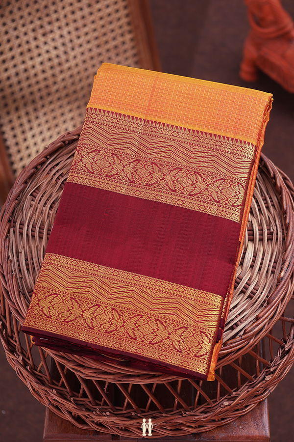Kanchipuram Silk Saree In Orange With Checks Design